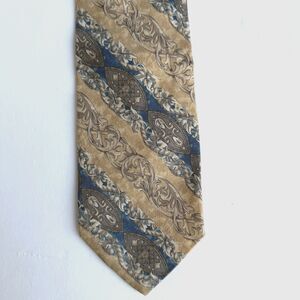 Bill Blass Tan/Blue/Taupe Scroll Stripe 100% Silk Necktie 57" Long